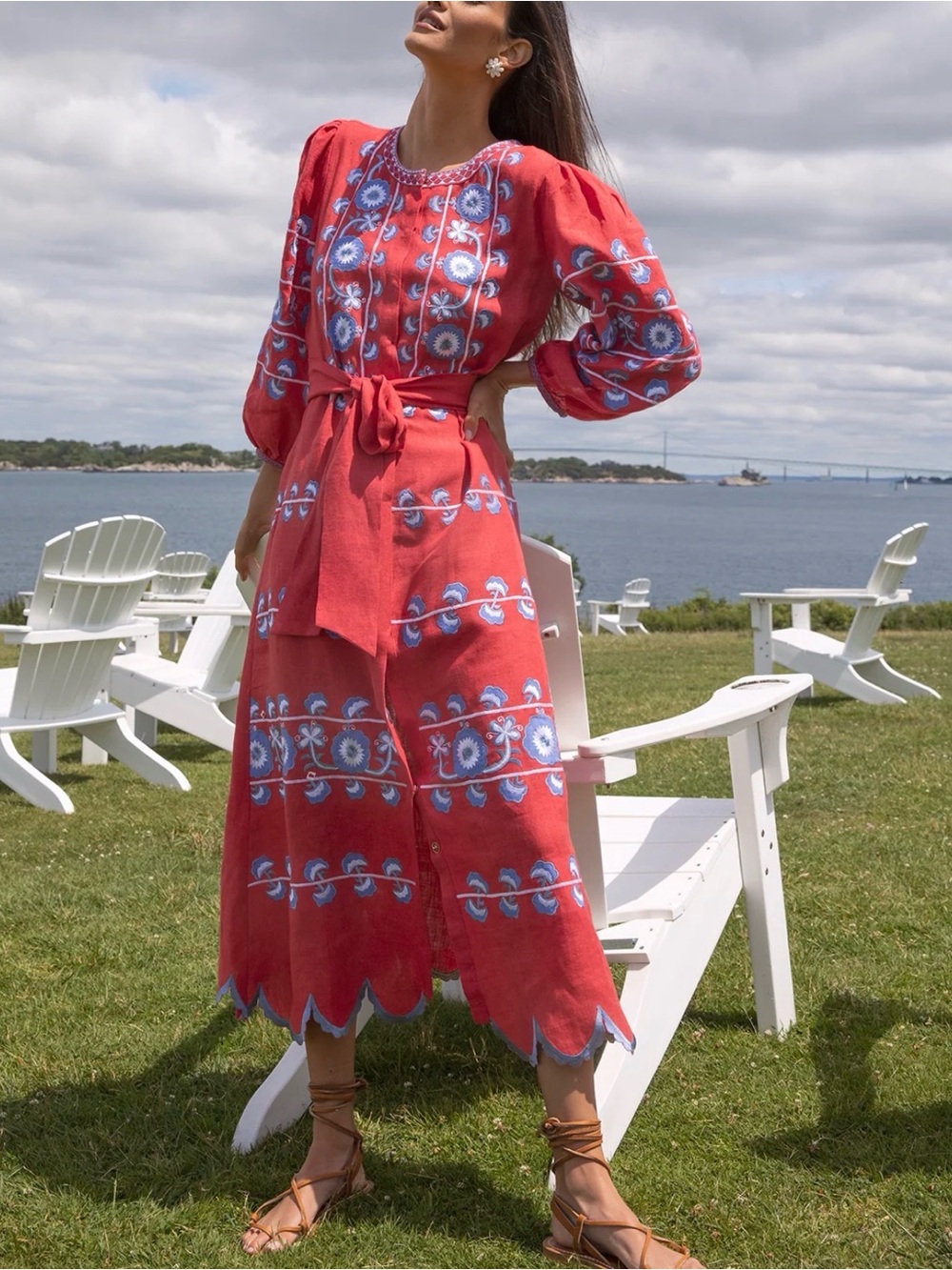 ASHA Linen Coral Red Embroidered Midi Dress with Tie Waist